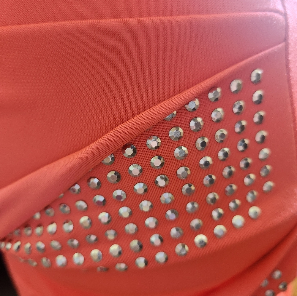 Y2K Vintage Deb Strapless Ruched NEON Orange Mini Dress Rhinestones S Party - Picture 6 of 16